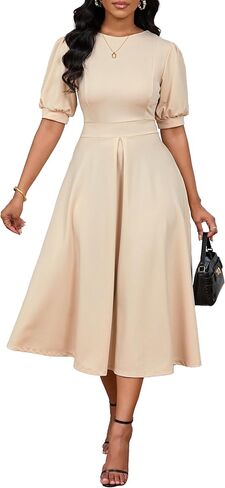 INR Elegant Dress for Women Puff Short Sleeves Long Dresses Cinched Waist A-Line Outfits in Saudi Arabia