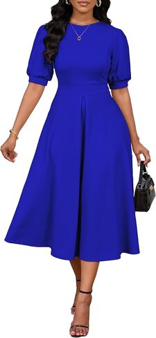 فستان INR الأنيق للنساء بأكمام قصيرة منتفخة وفساتين طويلة بخصر محكم على شكل حرف A in Kuwait