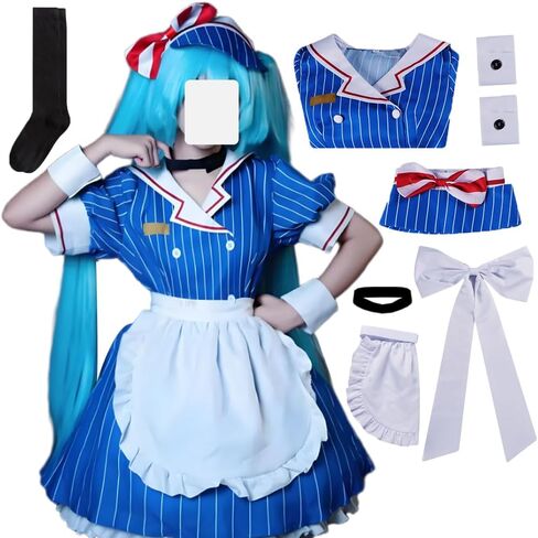 Women Cosplay Costume Blue Maid Dress Uniform Outfit Full Set in Saudi Arabia