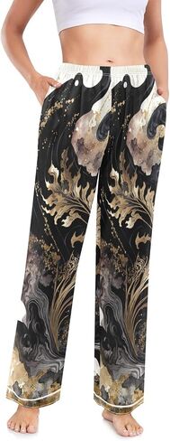 سروال بيجامة نسائي أسود ذهبي طباعة سائلة من الساتان الحريري، Pjs صالة قيعان ملابس نوم/رباط/جيوب/S in Kuwait