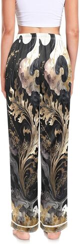 سروال بيجامة نسائي أسود ذهبي طباعة سائلة من الساتان الحريري، Pjs صالة قيعان ملابس نوم/رباط/جيوب/S in Kuwait