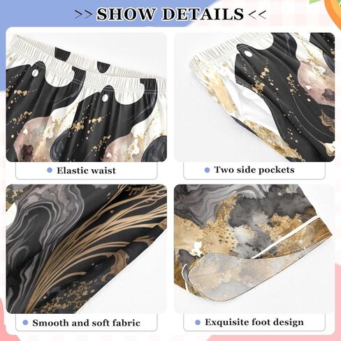 سروال بيجامة نسائي أسود ذهبي طباعة سائلة من الساتان الحريري، Pjs صالة قيعان ملابس نوم/رباط/جيوب/S in Kuwait