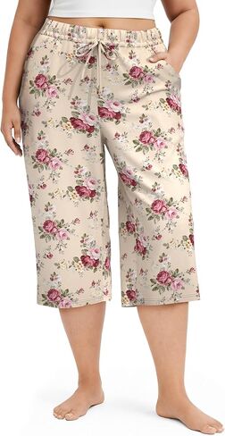 سروال بيجامة كابري نسائي مقاس كبير من FLYCURVY مطبوع برباط مريح من Pj مع جيوب in Kuwait