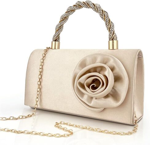 Beige Satin Clutch Purse for Women, 3D Rose Flower Wedding Formal Handbag Rhinestone Braided Top Handle Evening Bag in Saudi Arabia