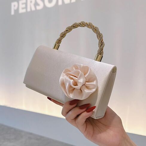 Beige Satin Clutch Purse for Women, 3D Rose Flower Wedding Formal Handbag Rhinestone Braided Top Handle Evening Bag in Saudi Arabia