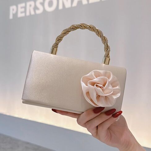 Beige Satin Clutch Purse for Women, 3D Rose Flower Wedding Formal Handbag Rhinestone Braided Top Handle Evening Bag in Saudi Arabia