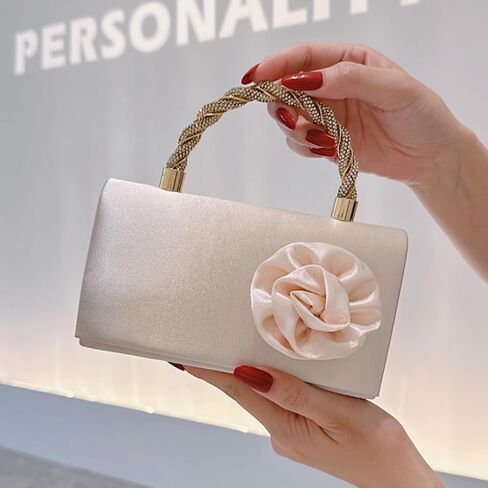 Beige Satin Clutch Purse for Women, 3D Rose Flower Wedding Formal Handbag Rhinestone Braided Top Handle Evening Bag in Saudi Arabia