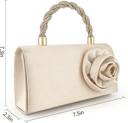 Beige Satin Clutch Purse for Women, 3D Rose Flower Wedding Formal Handbag Rhinestone Braided Top Handle Evening Bag in Saudi Arabia