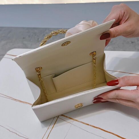 Beige Satin Clutch Purse for Women, 3D Rose Flower Wedding Formal Handbag Rhinestone Braided Top Handle Evening Bag in Saudi Arabia