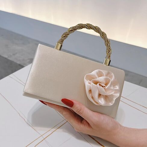 Beige Satin Clutch Purse for Women, 3D Rose Flower Wedding Formal Handbag Rhinestone Braided Top Handle Evening Bag in Saudi Arabia