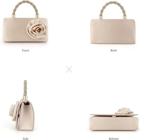 Beige Satin Clutch Purse for Women, 3D Rose Flower Wedding Formal Handbag Rhinestone Braided Top Handle Evening Bag in Saudi Arabia