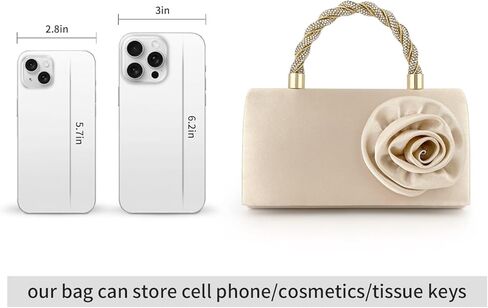 Beige Satin Clutch Purse for Women, 3D Rose Flower Wedding Formal Handbag Rhinestone Braided Top Handle Evening Bag in Saudi Arabia