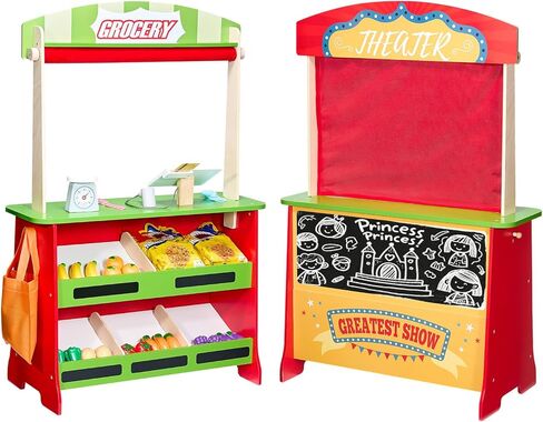 متجر بقالة VEVOR Kids Pretend Play، حامل سوق لعب خشبي مع حقيبة تسوق، حزام ناقل، ماسح ضوئي، سجل نقدي، مقياس واقعي، هدية للأولاد والبنات in Kuwait