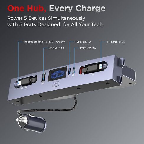 65W USB Charger Hub for Tesla Model Y Juniper 2026 & Model 3 Highland 2024 2025 Accessories, Fast Charging with Retractable Cables, 5-Port USB Charger Docking Station fit Tesla Center Console in Saudi Arabia