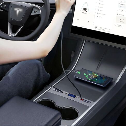 65W USB Charger Hub for Tesla Model Y Juniper 2026 & Model 3 Highland 2024 2025 Accessories, Fast Charging with Retractable Cables, 5-Port USB Charger Docking Station fit Tesla Center Console in Saudi Arabia