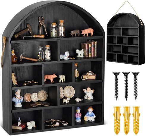 16x20 Arch Shaped Extra Deep Wooden Shadow Cubby Box Depth 4.7'' Rustic Trinket Display Floating Shelf with Removable Shelf Rope Wall Mounted Freestanding for Miniature Figures Curio(Black) in Saudi Arabia