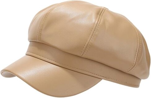 Vintage PU Leather 8-Panel Newsboy Cap for Women - Stretchy Fit, Classi Style Beret Hat（Khaki） in Saudi Arabia