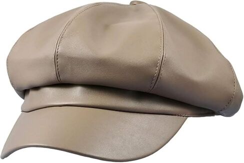 Vintage PU Leather 8-Panel Newsboy Cap for Women - Stretchy Fit, Classi Style Beret Hat（Khaki） in Saudi Arabia