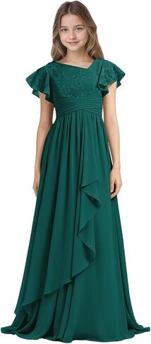 Rlweus Lace Junior Bridesmaid Dresses for Wedding Chiffon Short Sleeves Flower Girl Dress for Teen Girls Fromal Dress in Kuwait