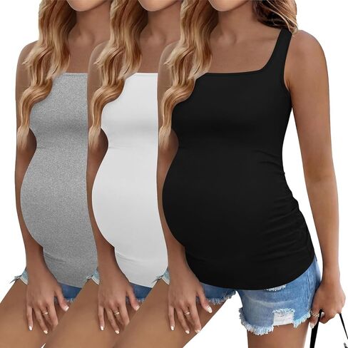 Ekouaer Maternity Tank Tops 3 Pack Square Neck Pregnancy Shirts for Women Summer Ruched Side Sleeveless Pregnant Clothes Top in Saudi Arabia