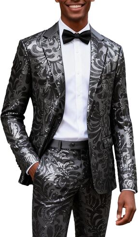 UNINUKOO Mens Suits Classic Fit 2 Piece Suit Set Shiny Sequin Party Prom Disco Clubwear Tuxedo for Men in Kuwait