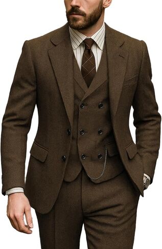 Vintage Men's Suits Regular Fit 3 Piece Tweed Herringbone Double Breasted Tuxedos Blazer+Vest+Pants Wedding in Saudi Arabia