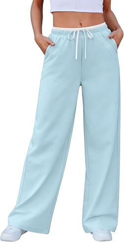 Women's Wide-Leg Straight Track Pants Lightweight Loose Color Block Waist Stretch Casual Trousers in Saudi Arabia