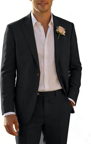 بدلات رجالية مكونة من قطعتين من الكتان كاجوال خفيفة الوزن للصيف والشاطئ والعريس بدلة زفاف من الكتان طقم بناطيل بليزر in Kuwait