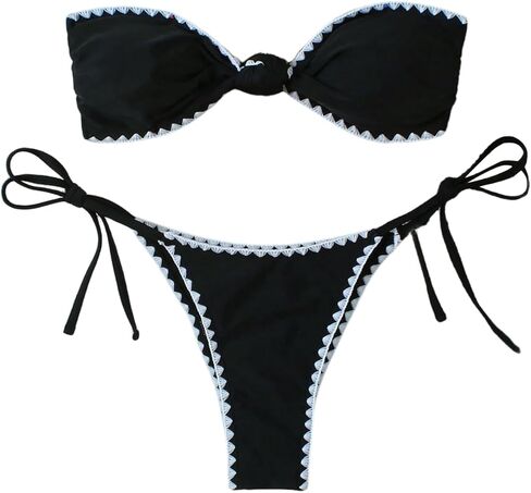 WDIRARA Women's Knot Bandeau Bikini Set Strapless Swimsuit Contrast Trim 2 Piece Bathing Suit in Saudi Arabia