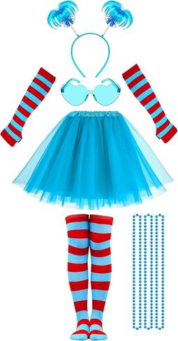 مجموعة إكسسوارات أزياء توتو زرقاء للنساء من 6 قطع مع تنورة توتو مخططة وجوارب عالية وأكمام ونظارات وقلادة رأس مشعرة لحفلات الهالوين in Kuwait