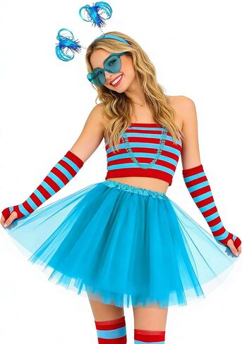 مجموعة إكسسوارات أزياء توتو زرقاء للنساء من 6 قطع مع تنورة توتو مخططة وجوارب عالية وأكمام ونظارات وقلادة رأس مشعرة لحفلات الهالوين in Kuwait