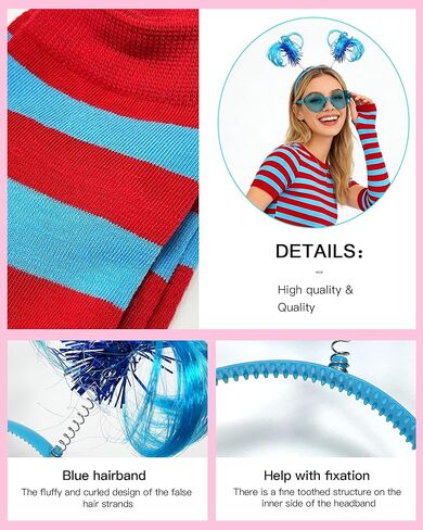 مجموعة إكسسوارات أزياء توتو زرقاء للنساء من 6 قطع مع تنورة توتو مخططة وجوارب عالية وأكمام ونظارات وقلادة رأس مشعرة لحفلات الهالوين in Kuwait