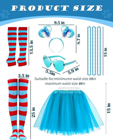 مجموعة إكسسوارات أزياء توتو زرقاء للنساء من 6 قطع مع تنورة توتو مخططة وجوارب عالية وأكمام ونظارات وقلادة رأس مشعرة لحفلات الهالوين in Kuwait