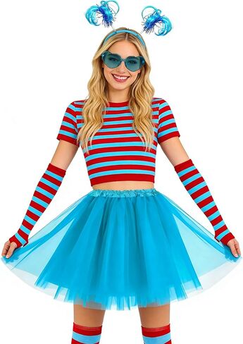 مجموعة إكسسوارات أزياء توتو زرقاء للنساء من 6 قطع مع تنورة توتو مخططة وجوارب عالية وأكمام ونظارات وقلادة رأس مشعرة لحفلات الهالوين in Kuwait