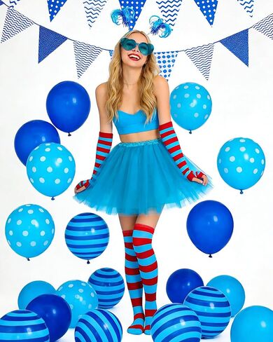 مجموعة إكسسوارات أزياء توتو زرقاء للنساء من 6 قطع مع تنورة توتو مخططة وجوارب عالية وأكمام ونظارات وقلادة رأس مشعرة لحفلات الهالوين in Kuwait