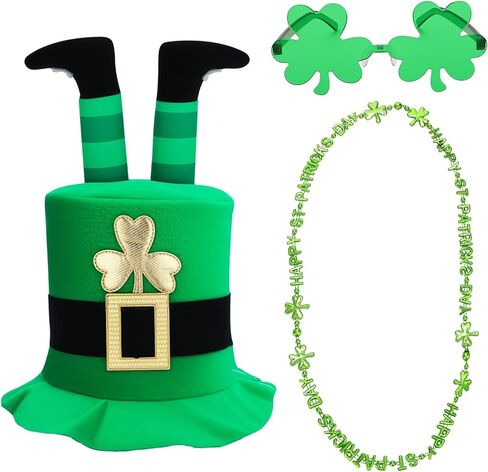 3pcs St Patricks Day Costume Accessories Set with Green Leprechaun Hat Necklace Shamrock Glasses for Adults Irish Themed Party Gifts in Saudi Arabia
