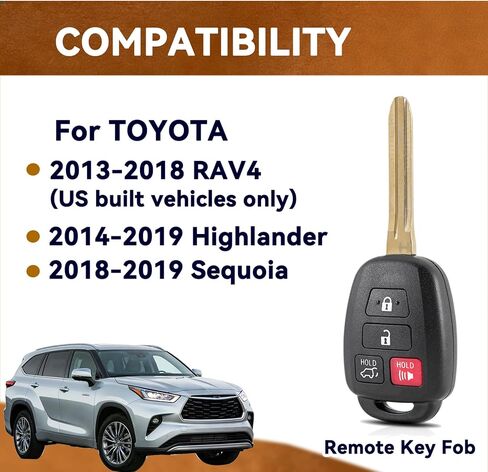استبدال مفتاح Fob لـ 2013-2018 Toyota RAV4 14-19 Highlander 18-19 Sequoia مفتاح التحكم عن بعد 4 أزرار GQ4-52T 89070-0R100 H-Chip (مجموعة من 2) in Kuwait