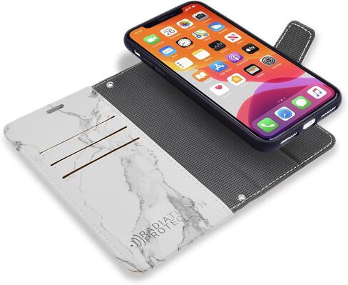 حافظة جلدية من SafeSleeve قابلة للفصل لهاتف iPhone 17 EMF Blocker للهاتف الخلوي مع 3 حامل بطاقات وحامل قابل للتعديل - إغلاق مغناطيسي، وحماية مغناطيسية للاستخدام اليومي (رخام أبيض) in Kuwait