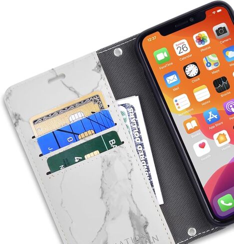 حافظة جلدية من SafeSleeve قابلة للفصل لهاتف iPhone 17 EMF Blocker للهاتف الخلوي مع 3 حامل بطاقات وحامل قابل للتعديل - إغلاق مغناطيسي، وحماية مغناطيسية للاستخدام اليومي (رخام أبيض) in Kuwait
