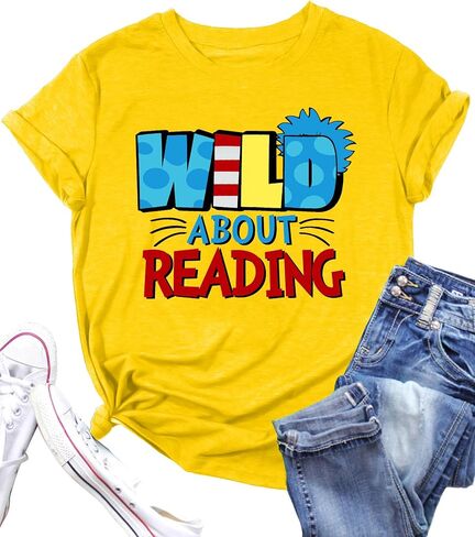 PECHAR Womens Book Shirts Wild About Reading Tshirts Graphic Book Lover Short Sleeve Tees Reader Gift Tops in Saudi Arabia
