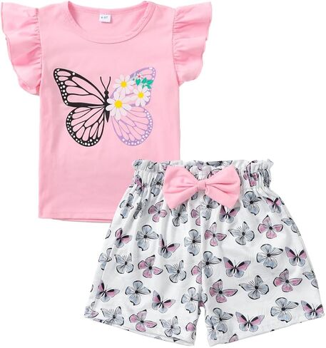 4-8T Kids Toddler Girls Summer Cute Outfit Set Butterfly and Floral Print Top + Bowknot Shorts Set in Kuwait