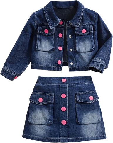 2-7T Little Girls 2-Piece Outfit Denim Jacket and Skirt Set Dark Blue Jean Clothes Pink Button-Down Clothing Sets Casual in Saudi Arabia