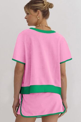 طقم تي شيرت للسيدات من Bonbon Colorblock Edge ذو كتف منسدل وسكورت مكون من قطعتين in Kuwait