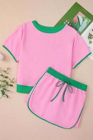 طقم تي شيرت للسيدات من Bonbon Colorblock Edge ذو كتف منسدل وسكورت مكون من قطعتين in Kuwait