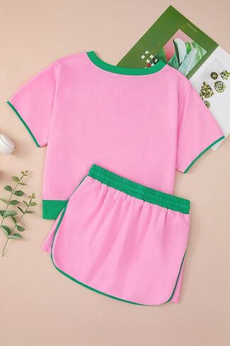 طقم تي شيرت للسيدات من Bonbon Colorblock Edge ذو كتف منسدل وسكورت مكون من قطعتين in Kuwait