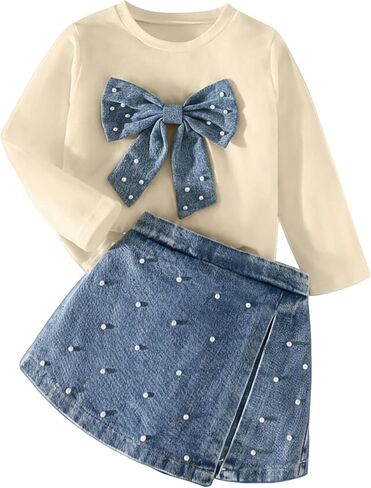 WDIRARA Toddler Girl's 2 Piece Outfit Pearl Bow Tee Split Denim Skirt Set Cute Outfits in Saudi Arabia