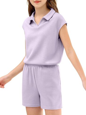XMWEALTHY Girls Two Piece Set Casual Summer Outfits Cap Sleeve Tshirt and Drawstring Shorts with Pockets School Girls Clothes in Saudi Arabia