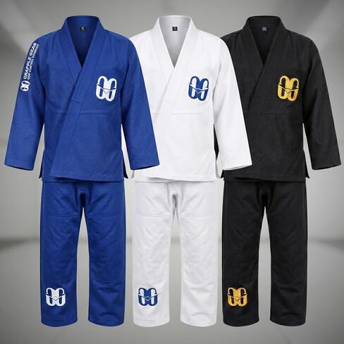 زي GRAPPLE GEAR BJJ Gi Kimono Jiu Jitsu للأطفال - 350 جرام في المتر المربع BJJ Gi المنكمش مسبقًا باللون الأبيض والأسود والأزرق وخيارات 4 مقاسات in Kuwait