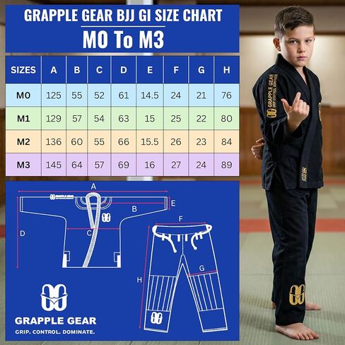 زي GRAPPLE GEAR BJJ Gi Kimono Jiu Jitsu للأطفال - 350 جرام في المتر المربع BJJ Gi المنكمش مسبقًا باللون الأبيض والأسود والأزرق وخيارات 4 مقاسات in Kuwait