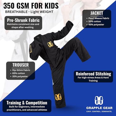 زي GRAPPLE GEAR BJJ Gi Kimono Jiu Jitsu للأطفال - 350 جرام في المتر المربع BJJ Gi المنكمش مسبقًا باللون الأبيض والأسود والأزرق وخيارات 4 مقاسات in Kuwait